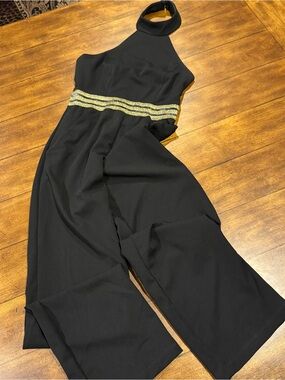 Teeze Me Black Halter Jumpsuit with Gold Stripe Waist
